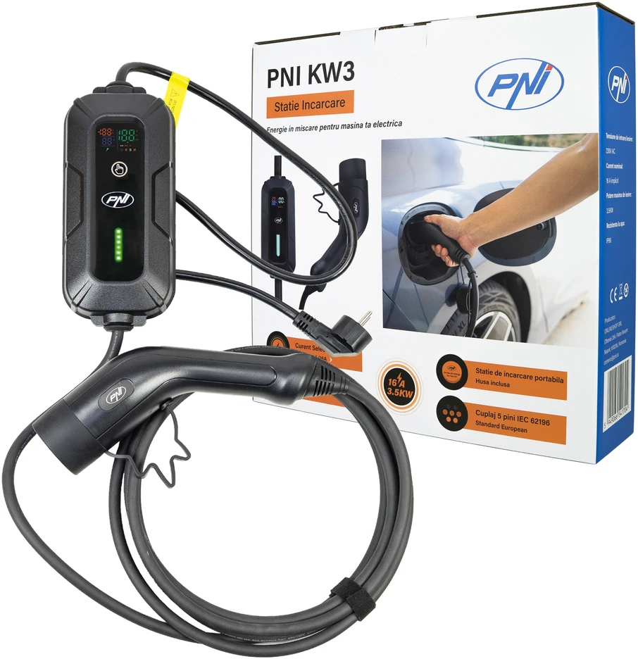 PNI KW3 16A 3.5KW nešiojamas įkroviklis elektromobiliams 230V, vienfazis, Type 2 jungtis, atsparus vandeniui