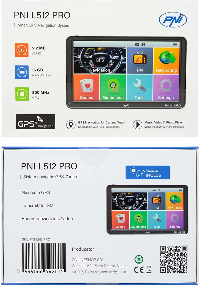 PNI L512 PRO GPS navigacijos sistema su skydeliu nuo saulės, 7 colių, 800 MHz, 512MB DDR, 16GB vidinė atmintis, FM siųstuvas