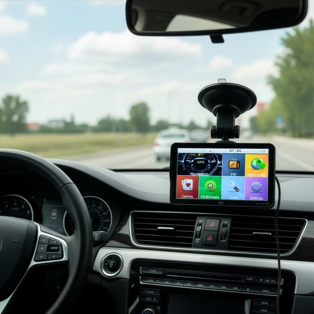 PNI L512 PRO GPS navigacijos sistema su skydeliu nuo saulės, 7 colių, 800 MHz, 512MB DDR, 16GB vidinė atmintis, FM siųstuvas