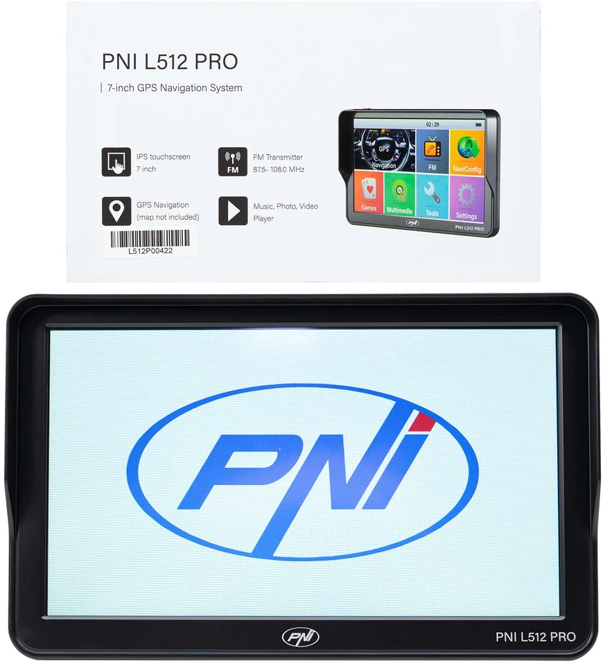 PNI L512 PRO GPS navigacijos sistema su skydeliu nuo saulės, 7 colių, 800 MHz, 512MB DDR, 16GB vidinė atmintis, FM siųstuvas