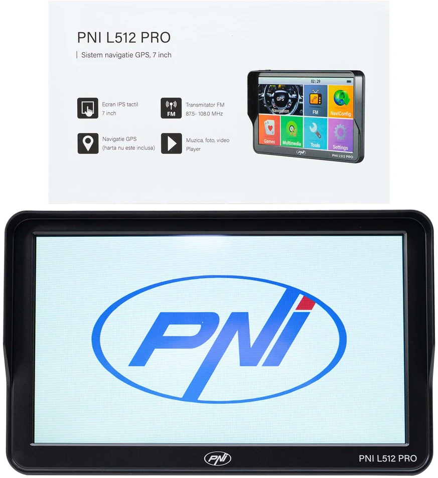 PNI L512 PRO GPS navigacijos sistema su skydeliu nuo saulės, 7 colių, 800 MHz, 512MB DDR, 16GB vidinė atmintis, FM siųstuvas