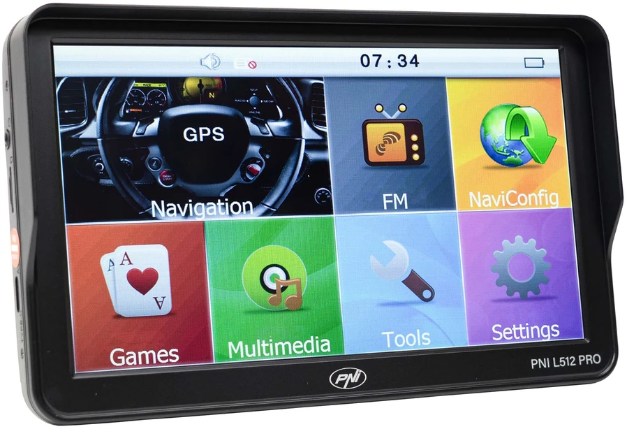 PNI L512 PRO GPS navigacijos sistema su skydeliu nuo saulės, 7 colių, 800 MHz, 512MB DDR, 16GB vidinė atmintis, FM siųstuvas