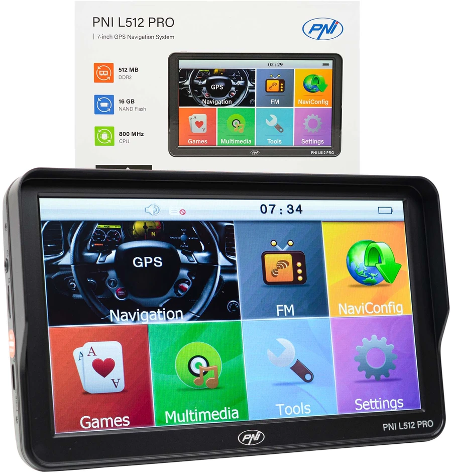 PNI L512 PRO GPS navigacijos sistema su skydeliu nuo saulės, 7 colių, 800 MHz, 512MB DDR, 16GB vidinė atmintis, FM siųstuvas