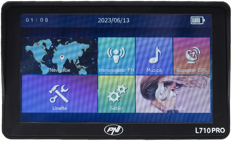 PNI L710 PRO GPS navigacijos sistema su skydeliu nuo saulės, 7 colių, 800 MHz, 256MB DDR, 16GB vidinė atmintis, FM siųstuvas, su dviem automobiliniais įkrovikliais komplekte