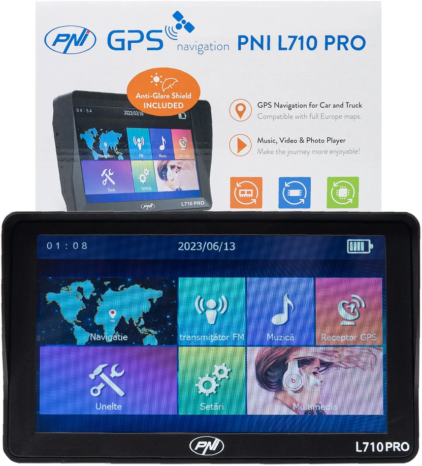PNI L710 PRO GPS navigacijos sistema su skydeliu nuo saulės, 7 colių, 800 MHz, 256MB DDR, 16GB vidinė atmintis, FM siųstuvas, su dviem automobiliniais įkrovikliais komplekte