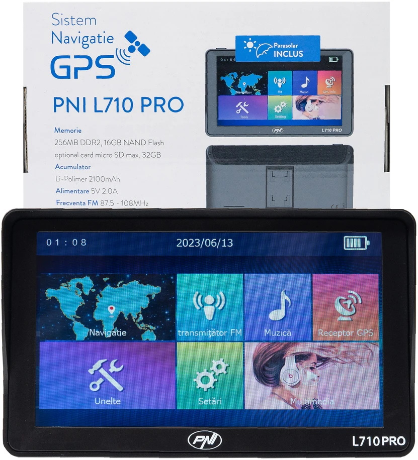 PNI L710 PRO GPS navigacijos sistema su skydeliu nuo saulės, 7 colių, 800 MHz, 256MB DDR, 16GB vidinė atmintis, FM siųstuvas, su dviem automobiliniais įkrovikliais komplekte