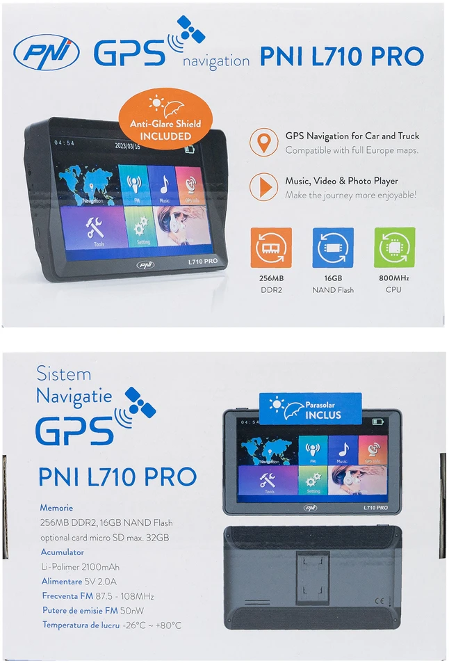 PNI L710 PRO GPS navigacijos sistema su skydeliu nuo saulės, 7 colių, 800 MHz, 256MB DDR, 16GB vidinė atmintis, FM siųstuvas, su dviem automobiliniais įkrovikliais komplekte