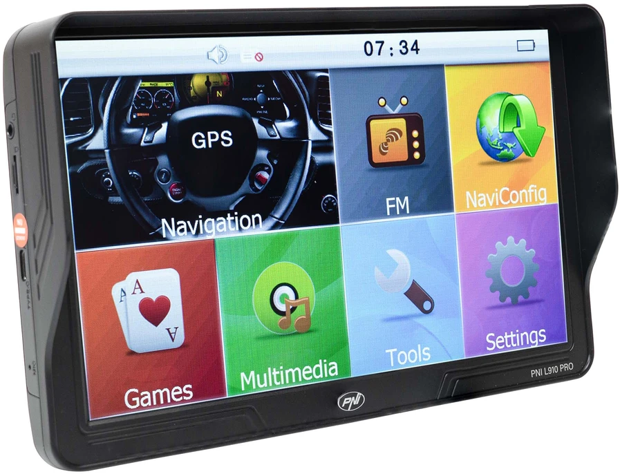PNI L910 PRO GPS navigacijos sistema su skydeliu nuo saulės, 9 colių, 800 MHz, 512MB DDR, 16GB vidinė atmintis, FM siųstuvas, juoda