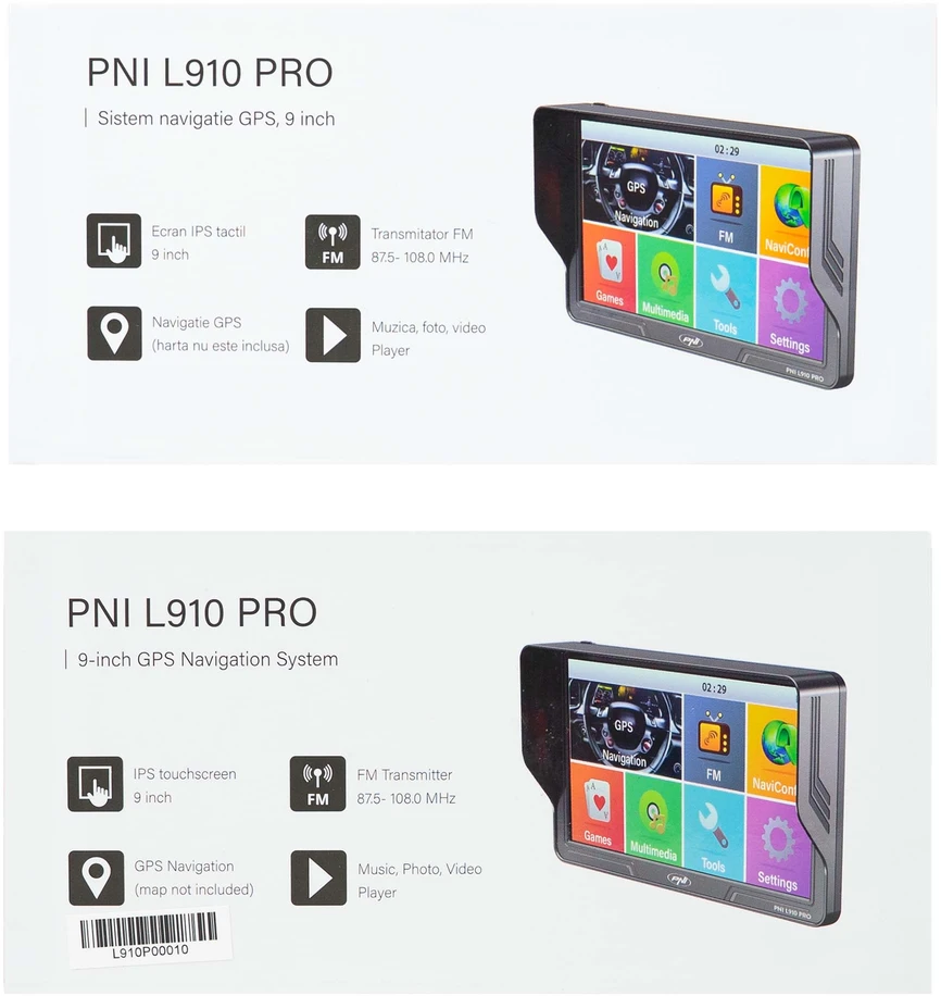 PNI L910 PRO GPS navigacijos sistema su skydeliu nuo saulės, 9 colių, 800 MHz, 512MB DDR, 16GB vidinė atmintis, FM siųstuvas, juoda