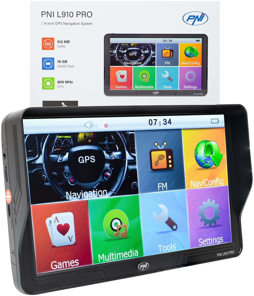 PNI L910 PRO GPS navigacijos sistema su skydeliu nuo saulės, 9 colių, 800 MHz, 512MB DDR, 16GB vidinė atmintis, FM siųstuvas, juoda