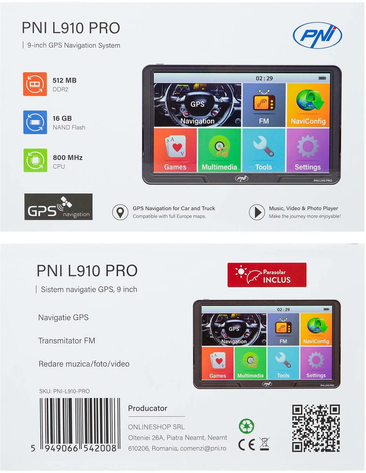 PNI L910 PRO GPS navigacijos sistema su skydeliu nuo saulės, 9 colių, 800 MHz, 512MB DDR, 16GB vidinė atmintis, FM siųstuvas, juoda