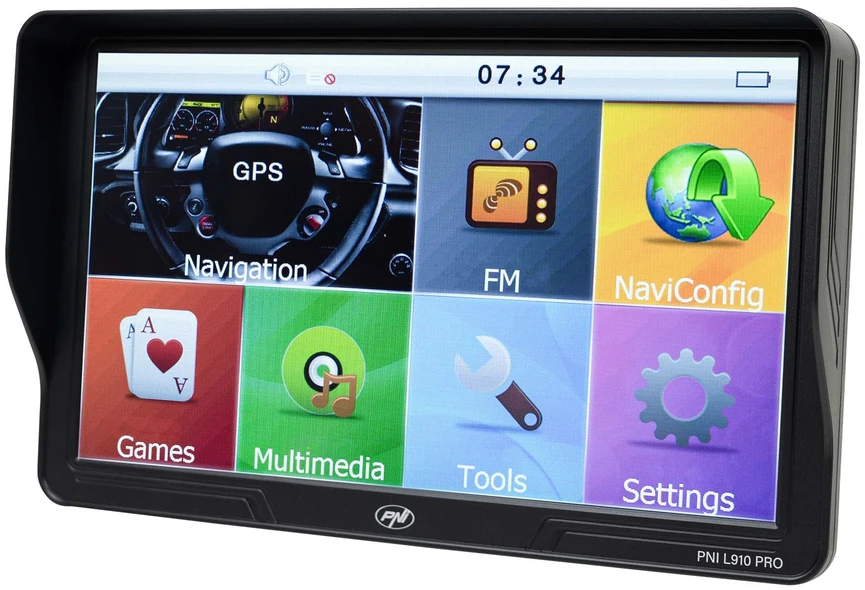 PNI L910 PRO GPS navigacijos sistema su skydeliu nuo saulės, 9 colių, 800 MHz, 512MB DDR, 16GB vidinė atmintis, FM siųstuvas, juoda