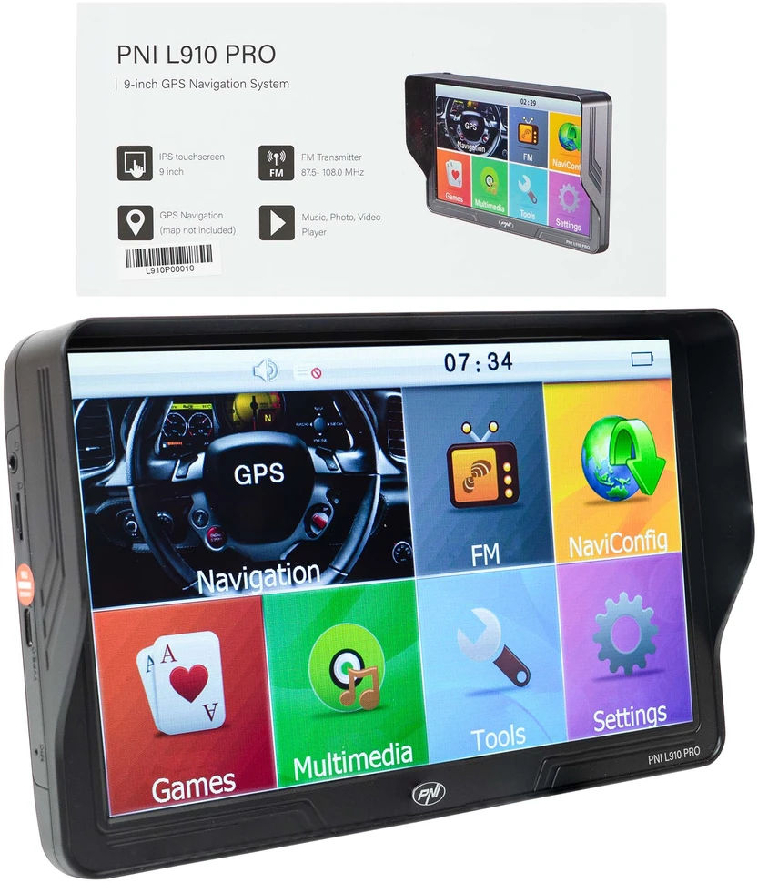 PNI L910 PRO GPS navigacijos sistema su skydeliu nuo saulės, 9 colių, 800 MHz, 512MB DDR, 16GB vidinė atmintis, FM siųstuvas, juoda