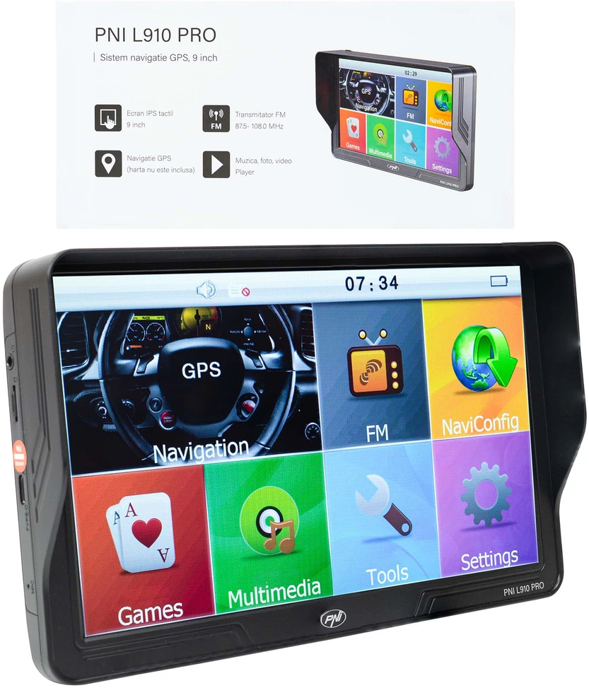 PNI L910 PRO GPS navigacijos sistema su skydeliu nuo saulės, 9 colių, 800 MHz, 512MB DDR, 16GB vidinė atmintis, FM siųstuvas, juoda