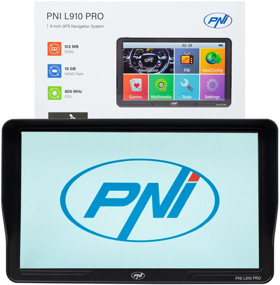 PNI L910 PRO GPS navigacijos sistema su skydeliu nuo saulės, 9 colių, 800 MHz, 512MB DDR, 16GB vidinė atmintis, FM siųstuvas, juoda