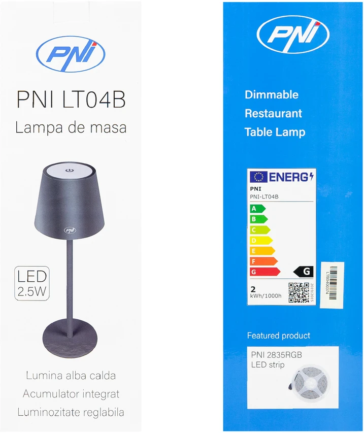 PNI LT04B stalinė lempa su 2,5W LED, 1200 mAh baterija, įkrovimas per USB-C, 150 liumenų, šilta balta šviesa 3000K, spalva juoda