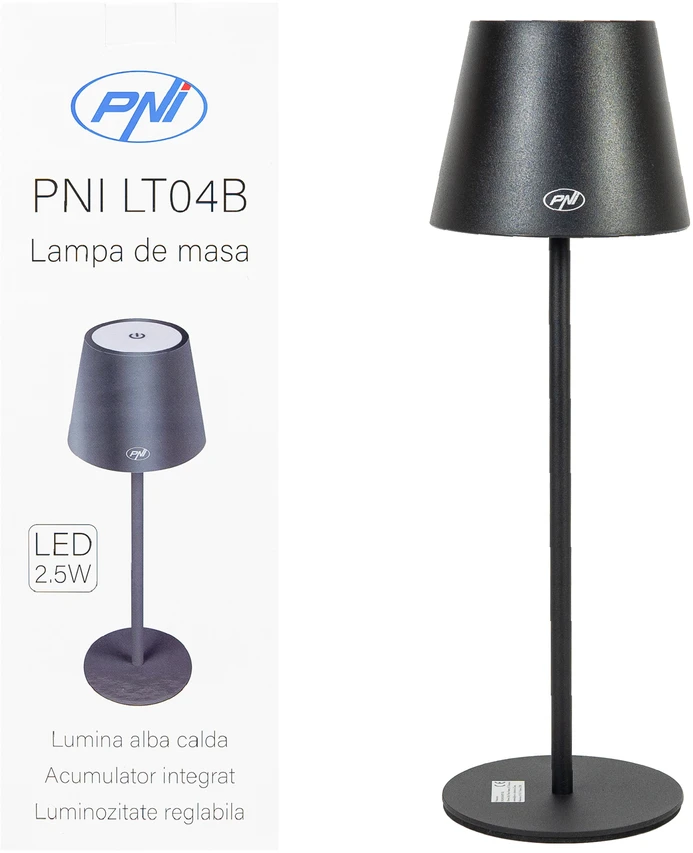 PNI LT04B stalinė lempa su 2,5W LED, 1200 mAh baterija, įkrovimas per USB-C, 150 liumenų, šilta balta šviesa 3000K, spalva juoda
