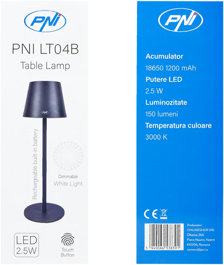 PNI LT04B stalinė lempa su 2,5W LED, 1200 mAh baterija, įkrovimas per USB-C, 150 liumenų, šilta balta šviesa 3000K, spalva juoda