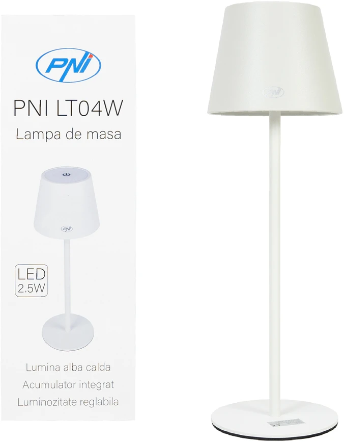 PNI LT04W stalinė lempa su LED 2.5W, baterija 1200 mAh, įkrovimas per USB-C, 150 liumenų, šilta balta šviesa 3000K, spalva balta