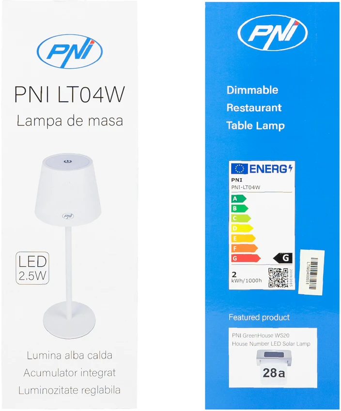 PNI LT04W stalinė lempa su LED 2.5W, baterija 1200 mAh, įkrovimas per USB-C, 150 liumenų, šilta balta šviesa 3000K, spalva balta