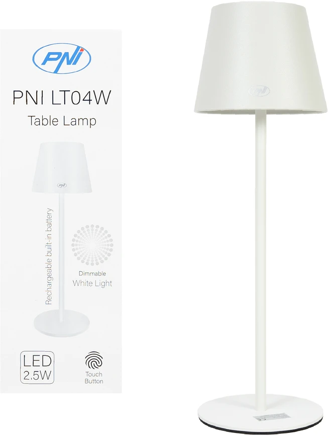 PNI LT04W stalinė lempa su LED 2.5W, baterija 1200 mAh, įkrovimas per USB-C, 150 liumenų, šilta balta šviesa 3000K, spalva balta