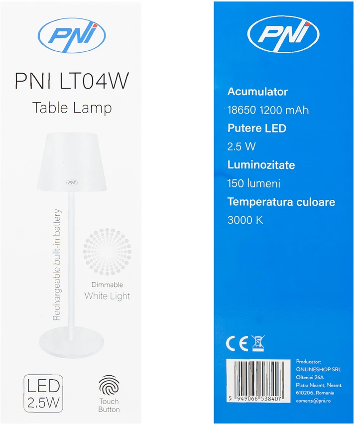 PNI LT04W stalinė lempa su LED 2.5W, baterija 1200 mAh, įkrovimas per USB-C, 150 liumenų, šilta balta šviesa 3000K, spalva balta