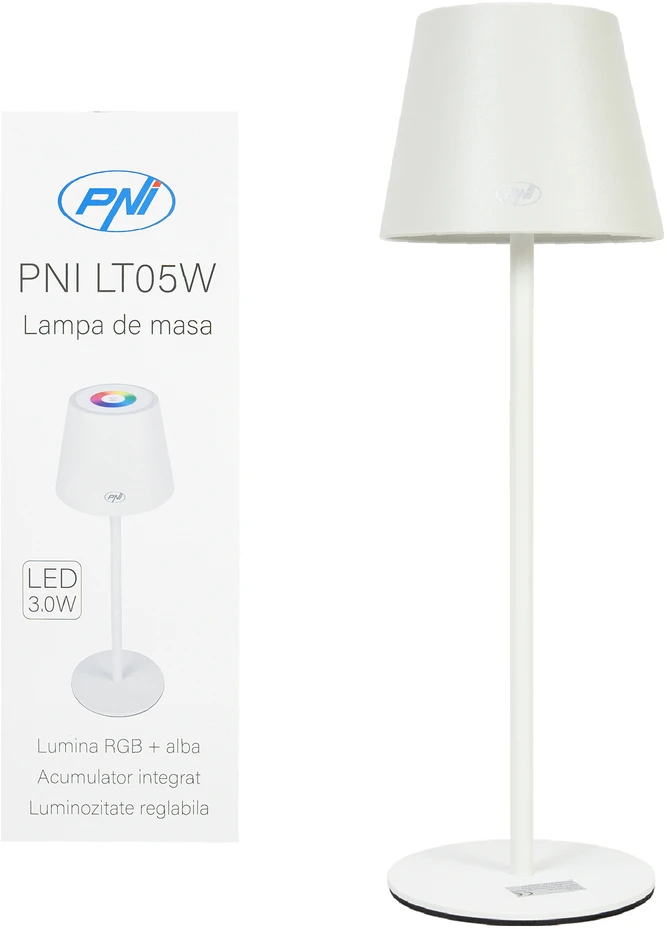 PNI LT05W RGB 3W stalinė lempa, su baterija, USB įkrovimas, balta spalva