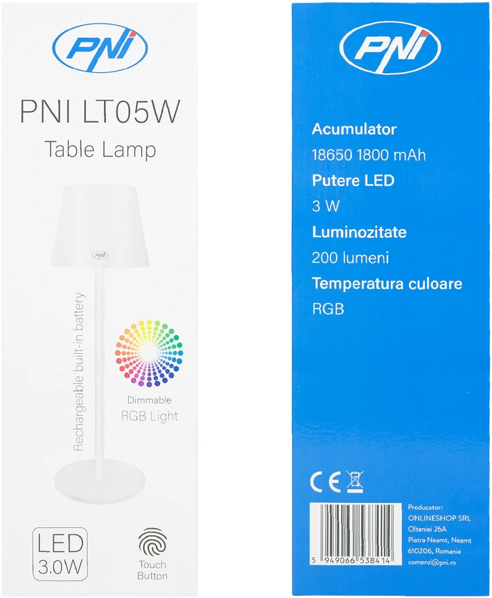 PNI LT05W RGB 3W stalinė lempa, su baterija, USB įkrovimas, balta spalva