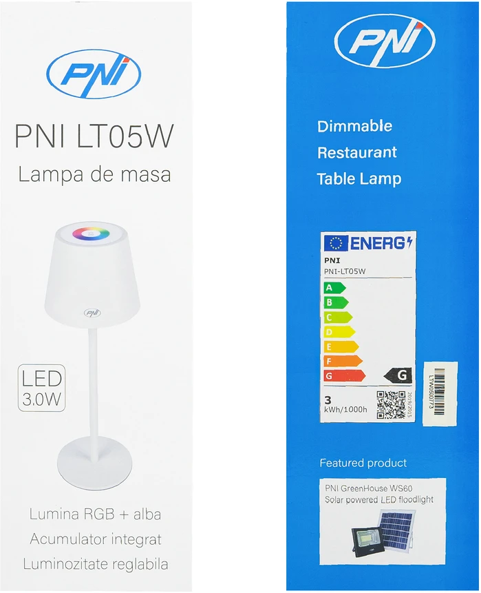 PNI LT05W RGB 3W stalinė lempa, su baterija, USB įkrovimas, balta spalva