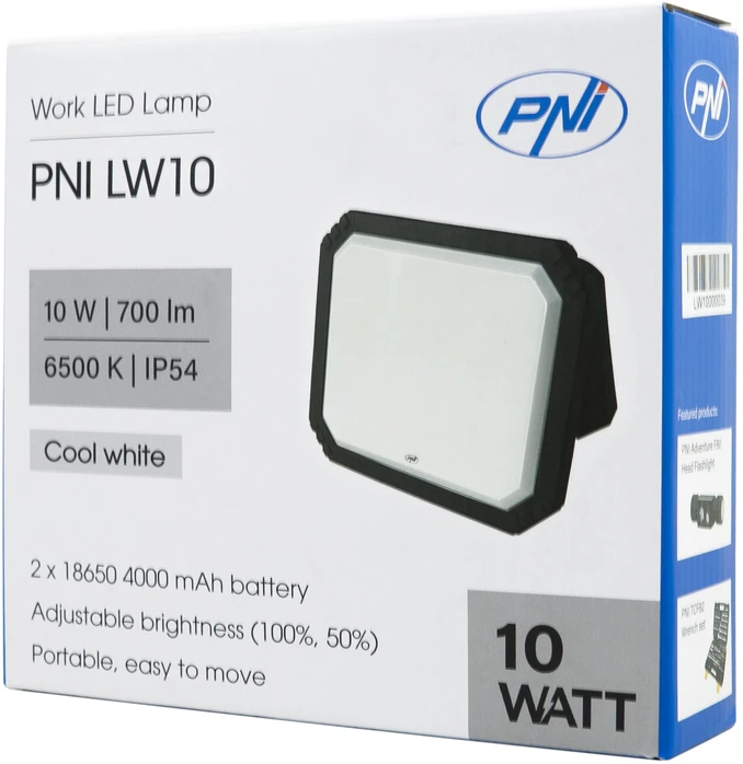 PNI LW10 10W LED darbinis žibintas, nešiojamas, įkraunamas, su 2 x 18650 4000mAh baterijomis, 6500K, IP54, 700 lm, 2 ryškumo lygiai
