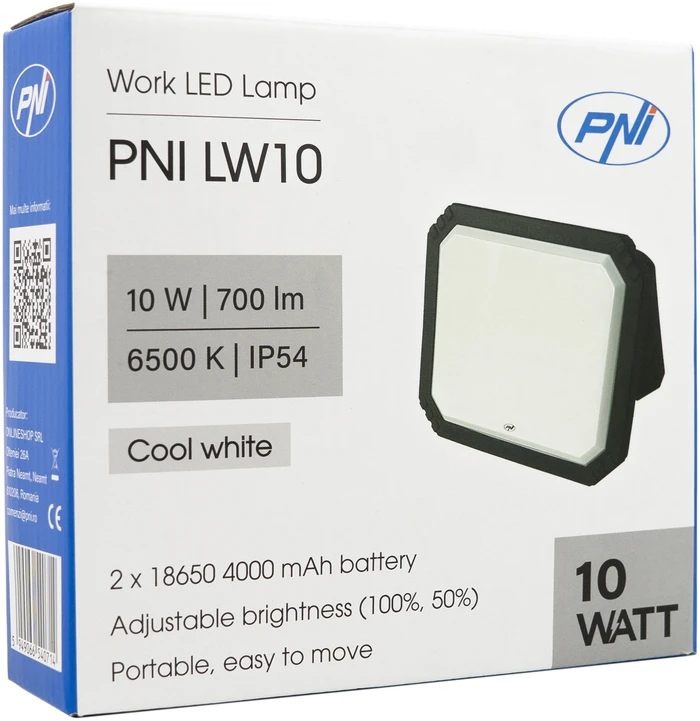 PNI LW10 10W LED darbinis žibintas, nešiojamas, įkraunamas, su 2 x 18650 4000mAh baterijomis, 6500K, IP54, 700 lm, 2 ryškumo lygiai