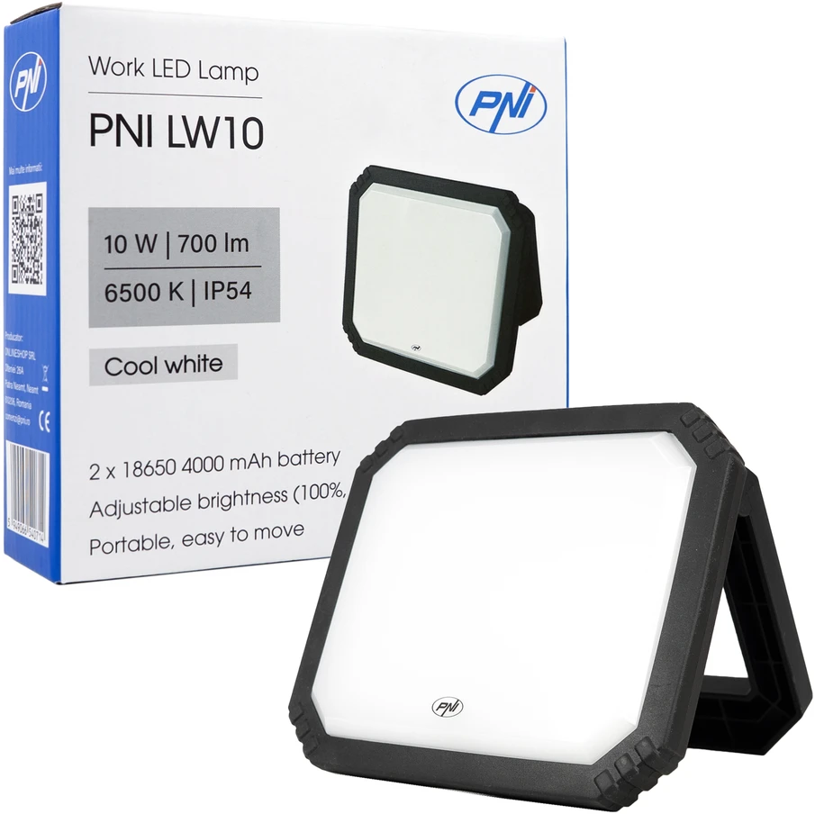 PNI LW10 10W LED darbinis žibintas, nešiojamas, įkraunamas, su 2 x 18650 4000mAh baterijomis, 6500K, IP54, 700 lm, 2 ryškumo lygiai