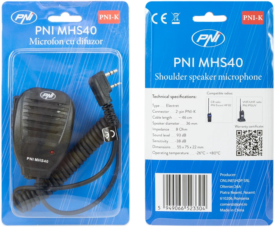 PNI MHS40 2 kontaktų PNI garsiakalbis-mikrofonas, suderinamas su PMR, VHF / UHF stotimis