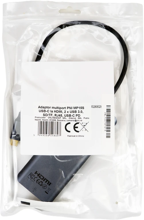 PNI MP15S USB-C į HDMI daugiafunkcis adapteris, 2 x USB 3.0, SD/TF, RJ45, USB-C PD