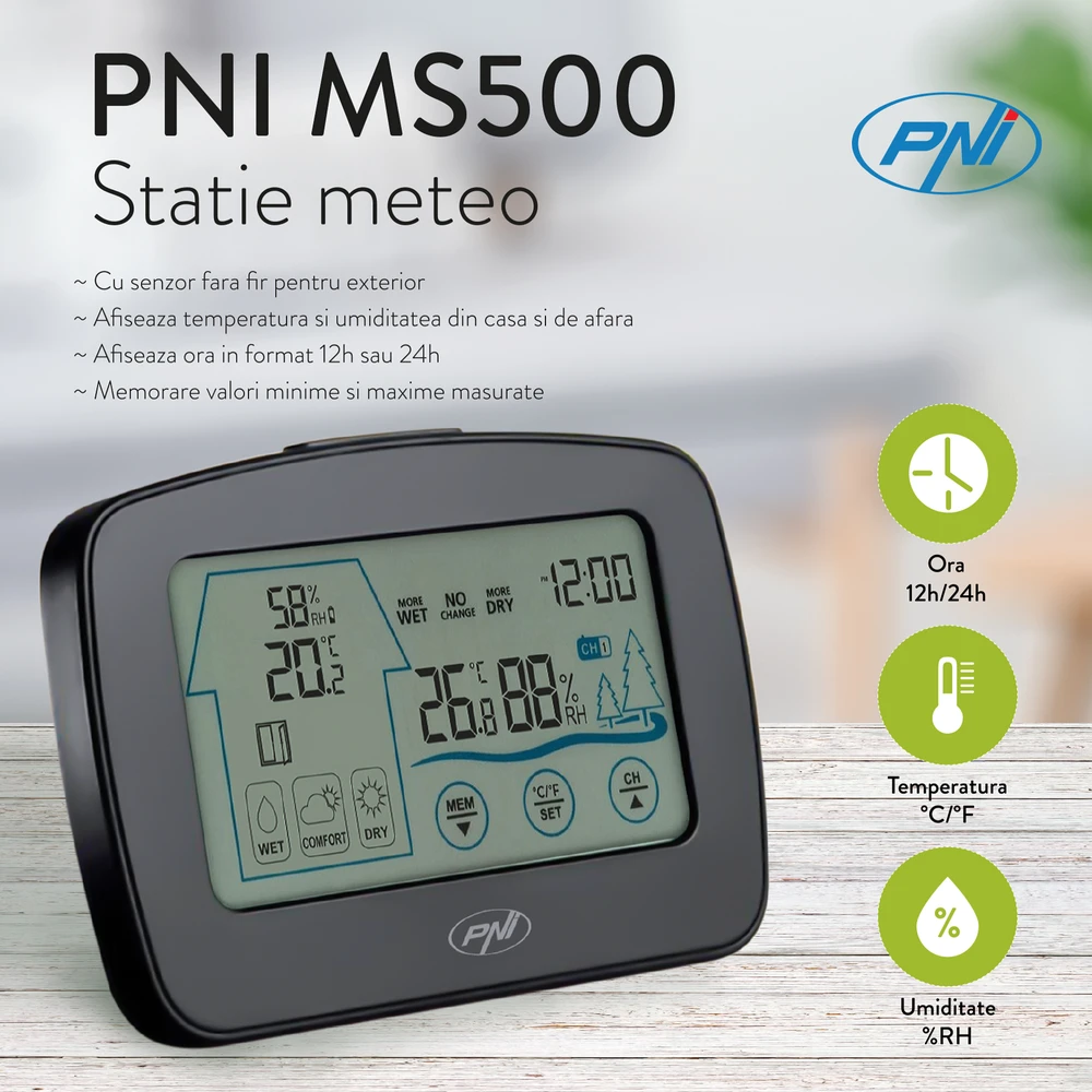 PNI MS500 meteorologinė stotelė su belaidžiu išoriniu jutikliu, rodo vidaus ir lauko temperatūrą bei drėgmę, minimalių ir maksimalių klimato verčių atmintis