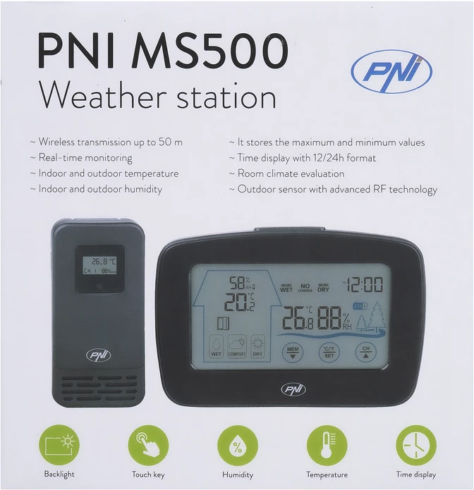 PNI MS500 meteorologinė stotelė su belaidžiu išoriniu jutikliu, rodo vidaus ir lauko temperatūrą bei drėgmę, minimalių ir maksimalių klimato verčių atmintis
