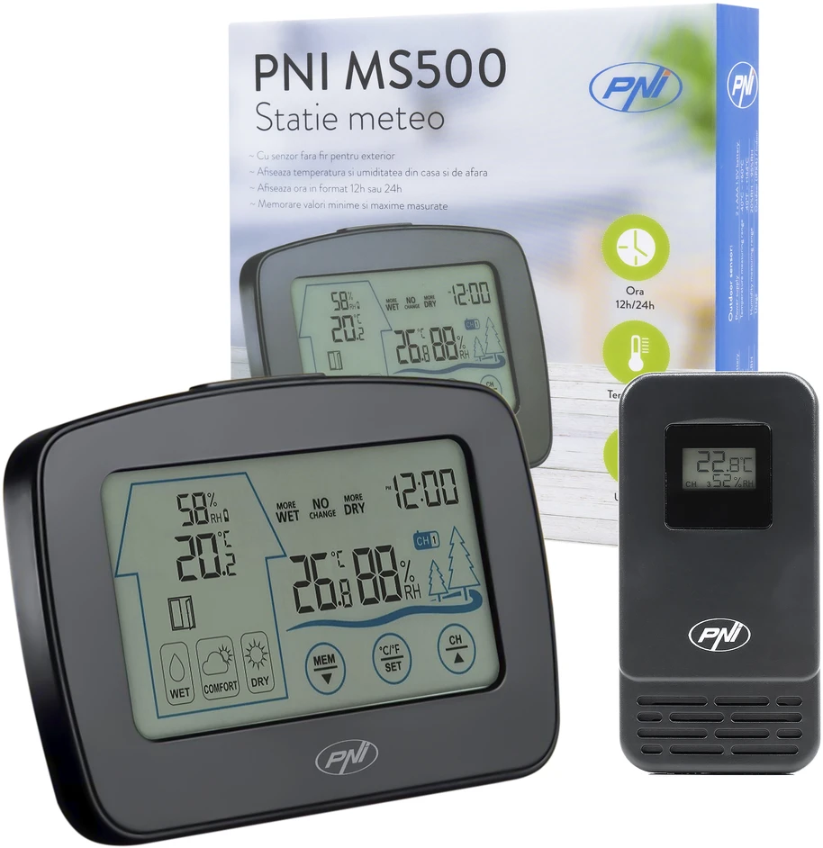 PNI MS500 meteorologinė stotelė su belaidžiu išoriniu jutikliu, rodo vidaus ir lauko temperatūrą bei drėgmę, minimalių ir maksimalių klimato verčių atmintis