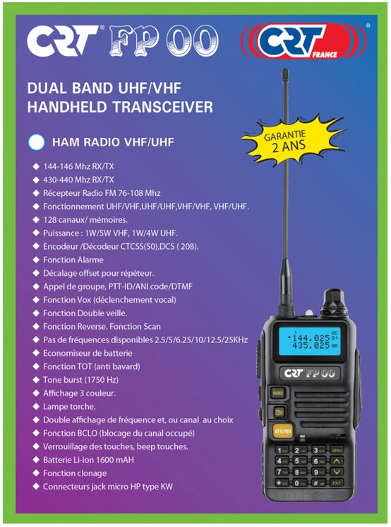 PNI Pakuotė 2bc Nešiojama VHF/UHF radijo stotelė CRT FP00 dviejų dažnių 144-146 ir 430-440 MHz juoda, VOX, 128 kanalai, paieška, programuojama, žibintuvėlis, FM radijas 76-108 MHz, TOT, retransliatorius