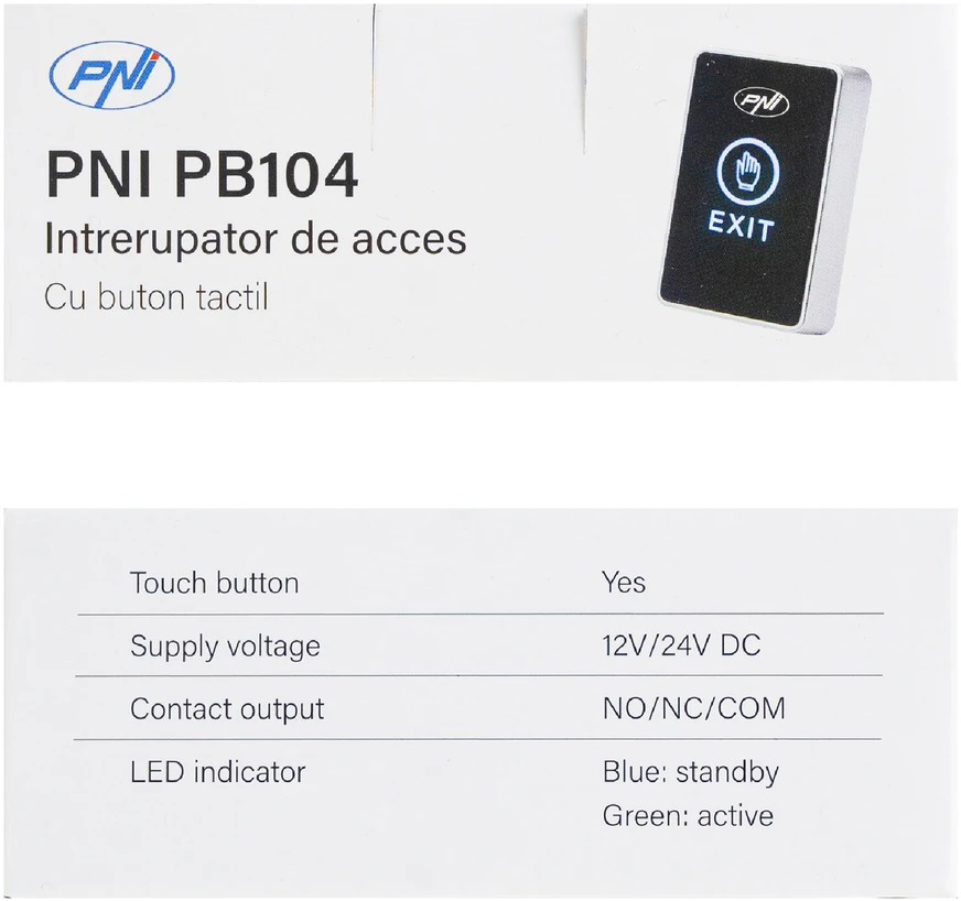 PNI PB104 prieigos jungiklis su lietimui jautriu paviršiumi, paviršinis montavimas, NO/NC/COM, 12V/24V DC, būsenos LED, metalinis, 5 laidai