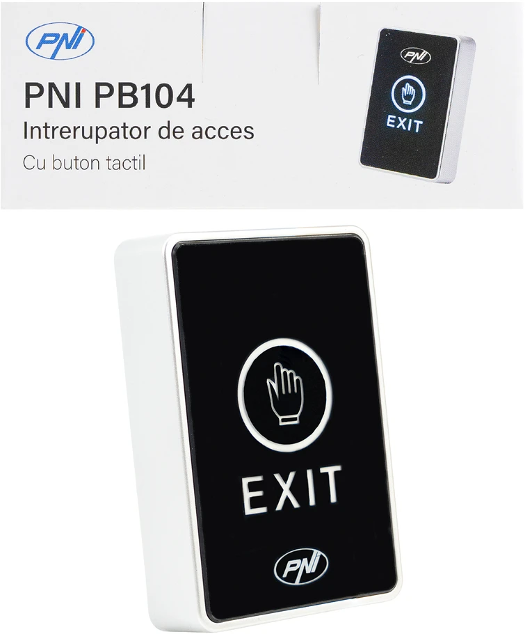 PNI PB104 prieigos jungiklis su lietimui jautriu paviršiumi, paviršinis montavimas, NO/NC/COM, 12V/24V DC, būsenos LED, metalinis, 5 laidai