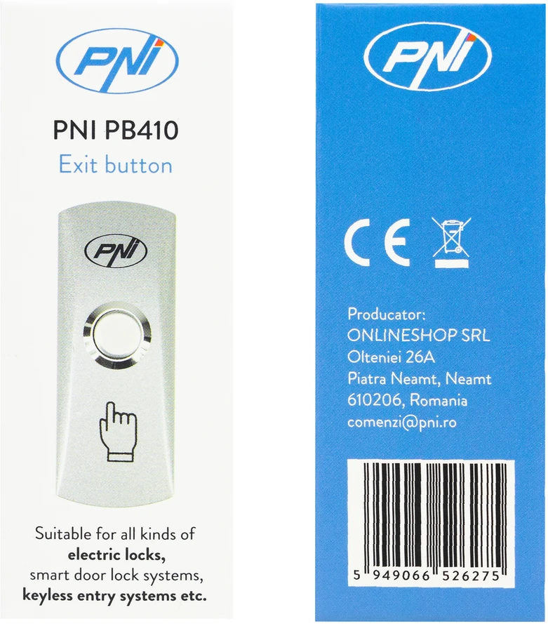 PNI PB410 prieigos mygtukas, 12V maitinimo šaltinis, maks. 3A, NO / COM išvesties kontaktas, cinko lydinys