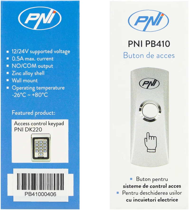 PNI PB410 prieigos mygtukas, 12V maitinimo šaltinis, maks. 3A, NO / COM išvesties kontaktas, cinko lydinys