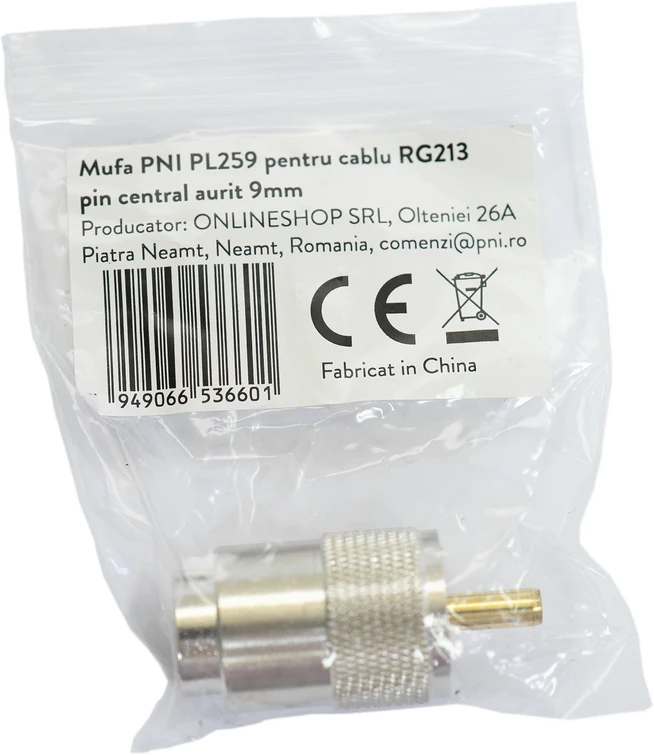 PNI PL259 kištukas RG213 kabeliui, auksinis centrinis kontaktas 9mm