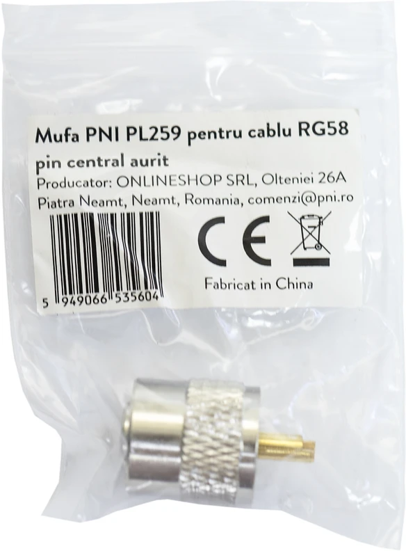 PNI PL259 trumpa jungtis RG58 kabeliui su paauksuotu centriniu kontaktu 6mm GOLD