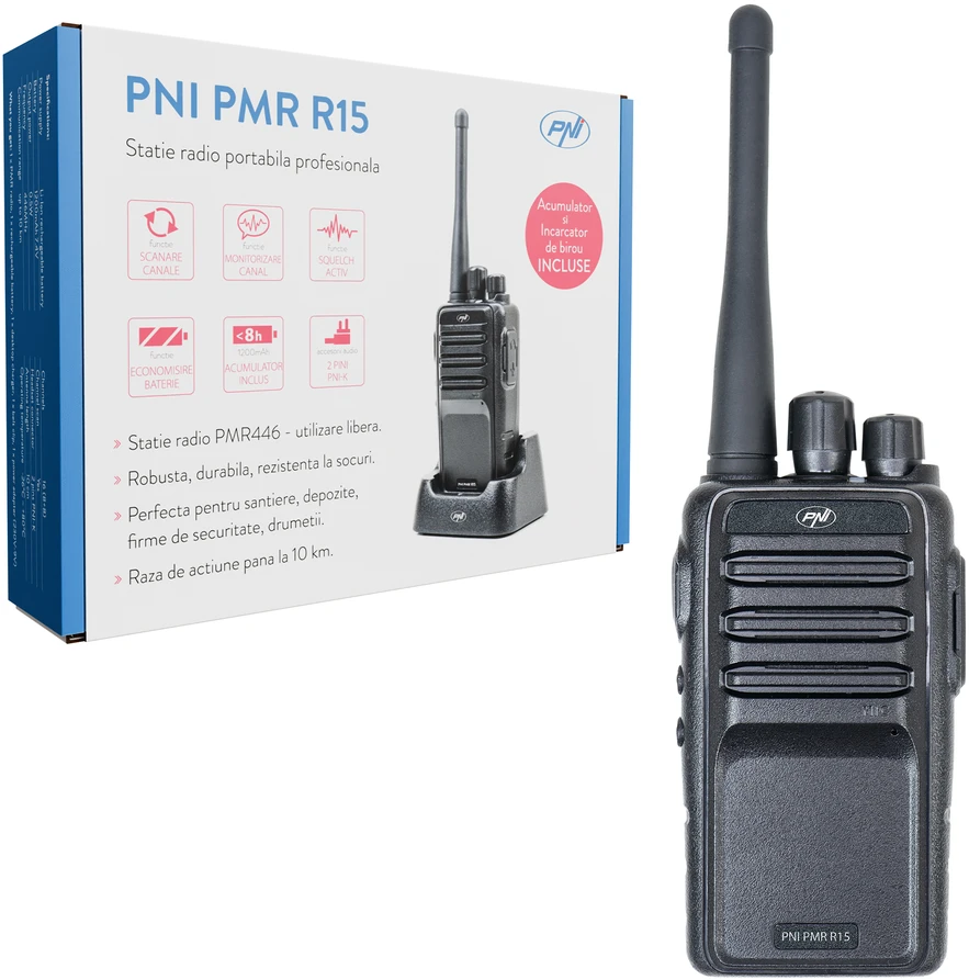 PNI PMR R15 0,5W profesionali nešiojama radijo stotelė, ASQ, TOT, monitorius, programuojama, 1200mAh baterija, CTCSS-DCS kodai