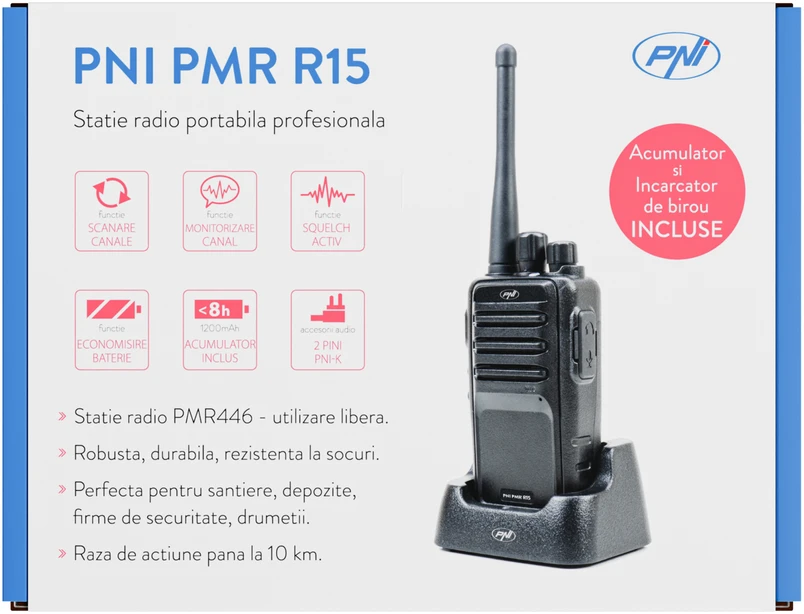 PNI PMR R15 0,5W profesionali nešiojama radijo stotelė, ASQ, TOT, monitorius, programuojama, 1200mAh baterija, CTCSS-DCS kodai