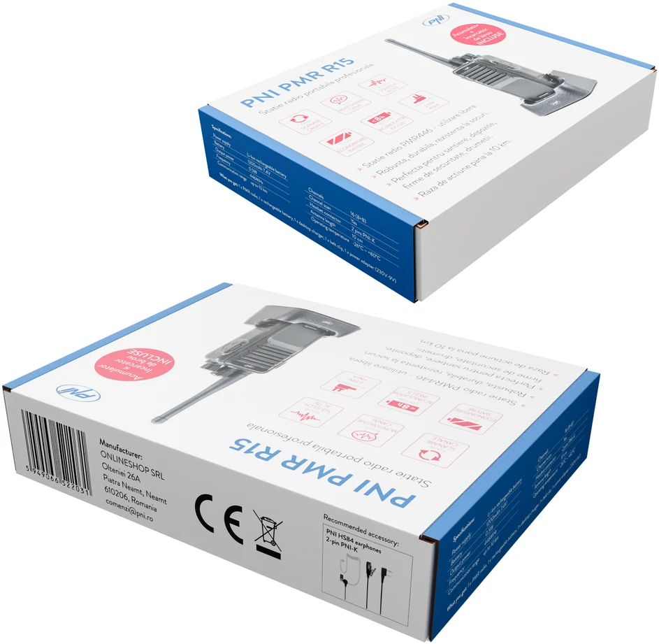 PNI PMR R15 0,5W profesionali nešiojama radijo stotelė, ASQ, TOT, monitorius, programuojama, 1200mAh baterija, CTCSS-DCS kodai