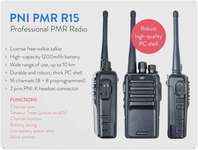 PNI PMR R15 0,5W profesionali nešiojama radijo stotelė, ASQ, TOT, monitorius, programuojama, 1200mAh baterija, CTCSS-DCS kodai