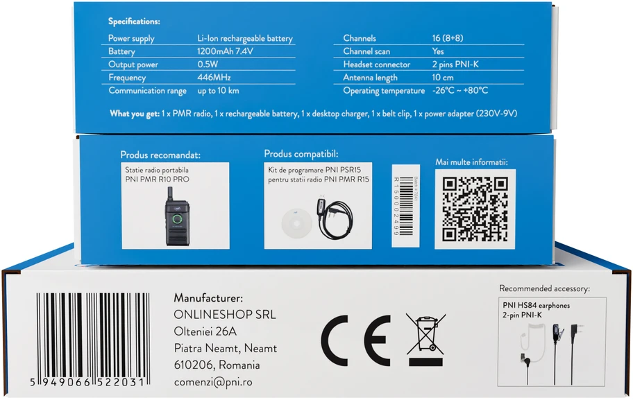 PNI PMR R15 0,5W profesionali nešiojama radijo stotelė, ASQ, TOT, monitorius, programuojama, 1200mAh baterija, CTCSS-DCS kodai