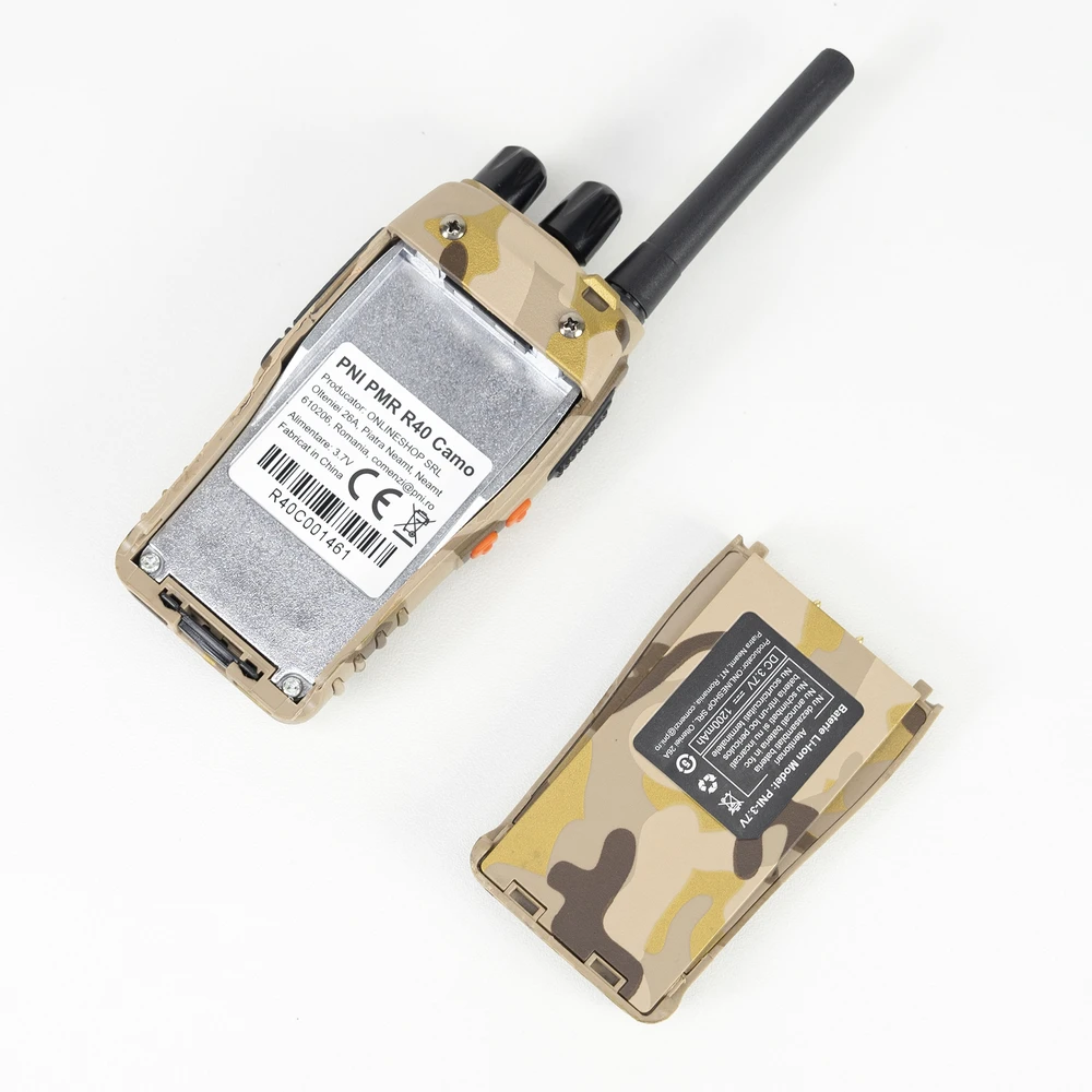 PNI PMR R40 CAMO 0,5W nešiojamų radijo stotelių rinkinys, 16 kanalų, 50 CTCSS ir 104 DCS tonai, ASQ, TOT, monitorius, 6 vienetų komplektas